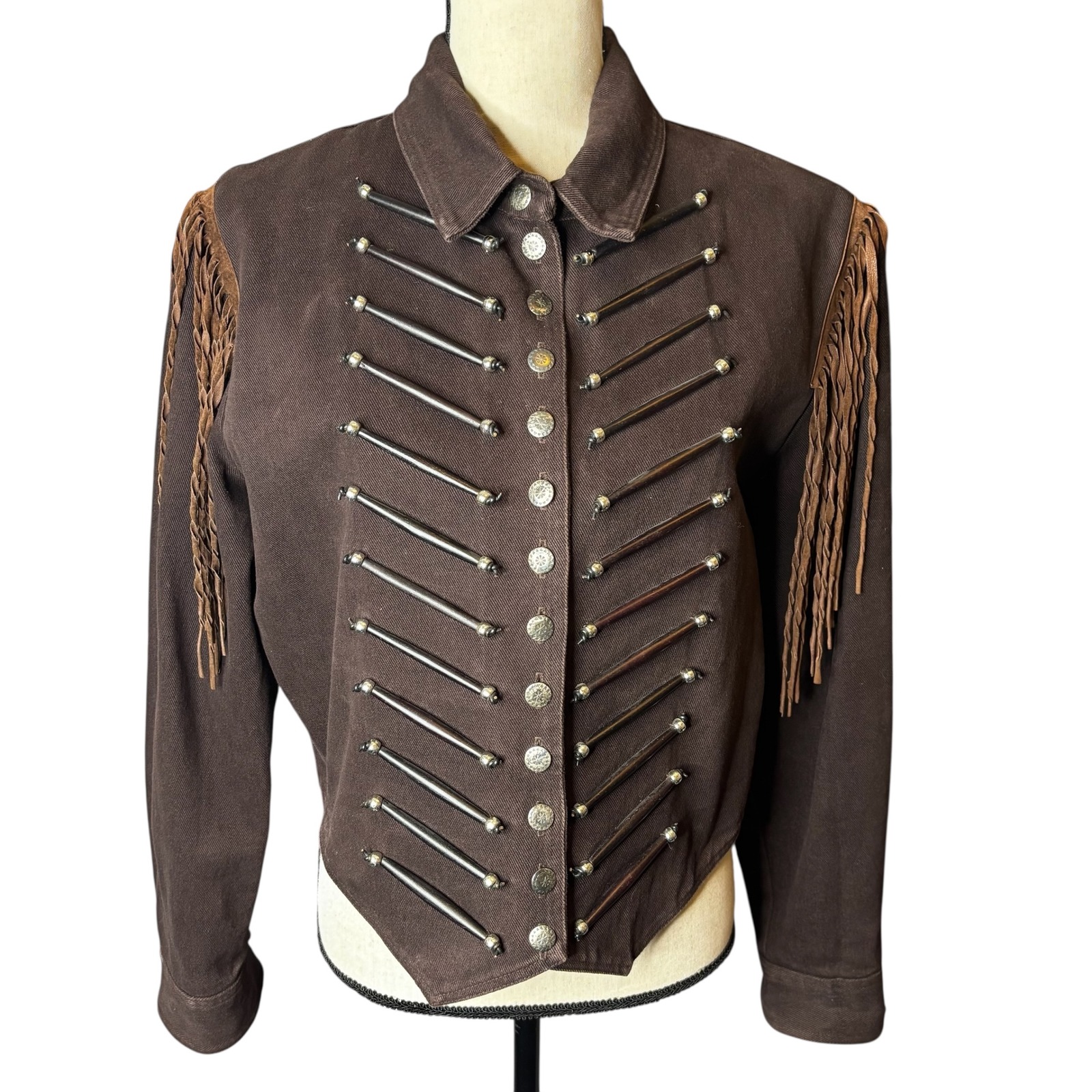 Double D Ranch Fringe Western Jacket Studded Brown Cropped Rodeo Cowgirl Coat